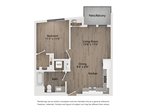 Floor plan for 1 bed, 1 bath, 644 sqft
